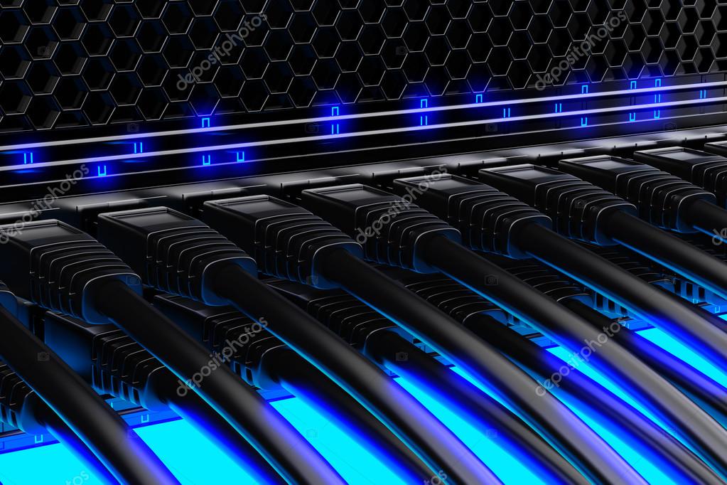 Rack of servers and network switches with structured cabling