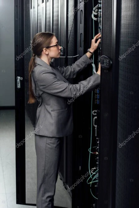 Server rack with hardware and network equipment for business infrastructure