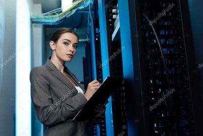 Technician configuring rack-mounted servers and network equipment