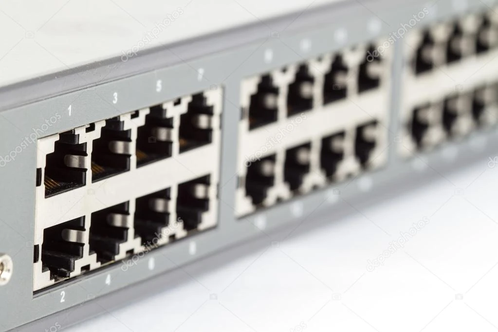 Close-up of enterprise network switches and ethernet ports